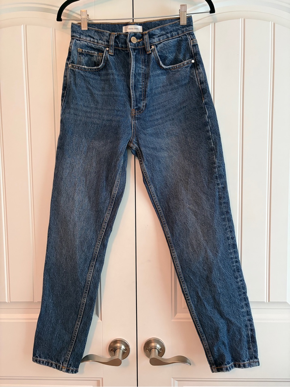 Anine Bing Jeans Womens Size 25 Blue High Rise Tapered Leg Denim Button Fly